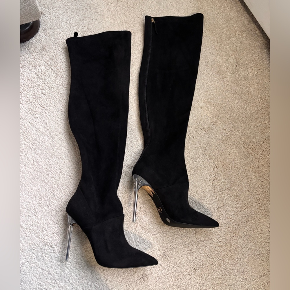 Jennifer Lopez Black Over the Knee Boots with Silver Heel